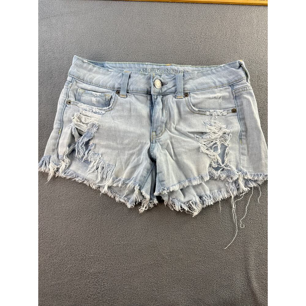 American Eagle Midi Denim Jean Shorts Womens Sz 4‎ Distressed Stretch faded